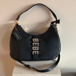 Bebe NEW Elegant Black Shoulder Bag purse Gold accents removable strap 2 way